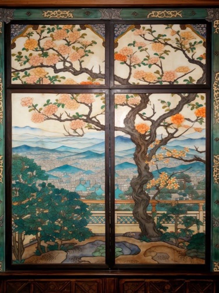 Window View Of Seoul South Korea In The Style Of William Morris 4