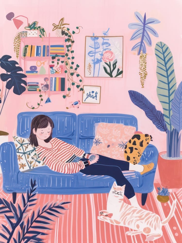 Girl In The Sofa With Pets Tv Lo Fi Kawaii Illustration 1