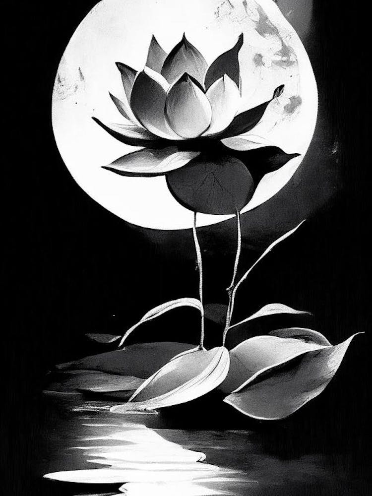 Lotus And Moon Symbol Black And White Painting