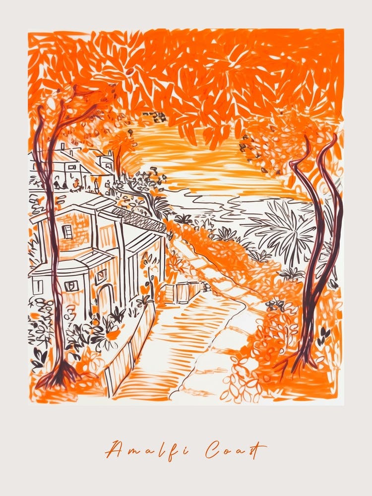 Amalfi Coast 2 Italy Orange Drawing Poster