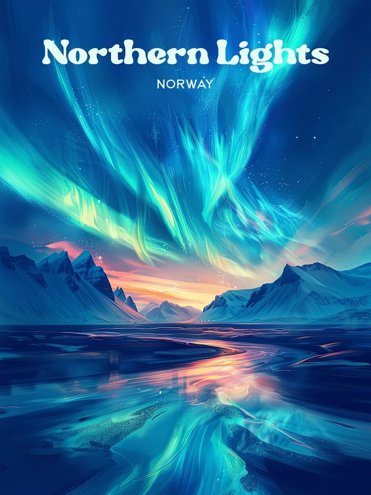 Northern Lights Norway Dancing Lights Travel Illustration