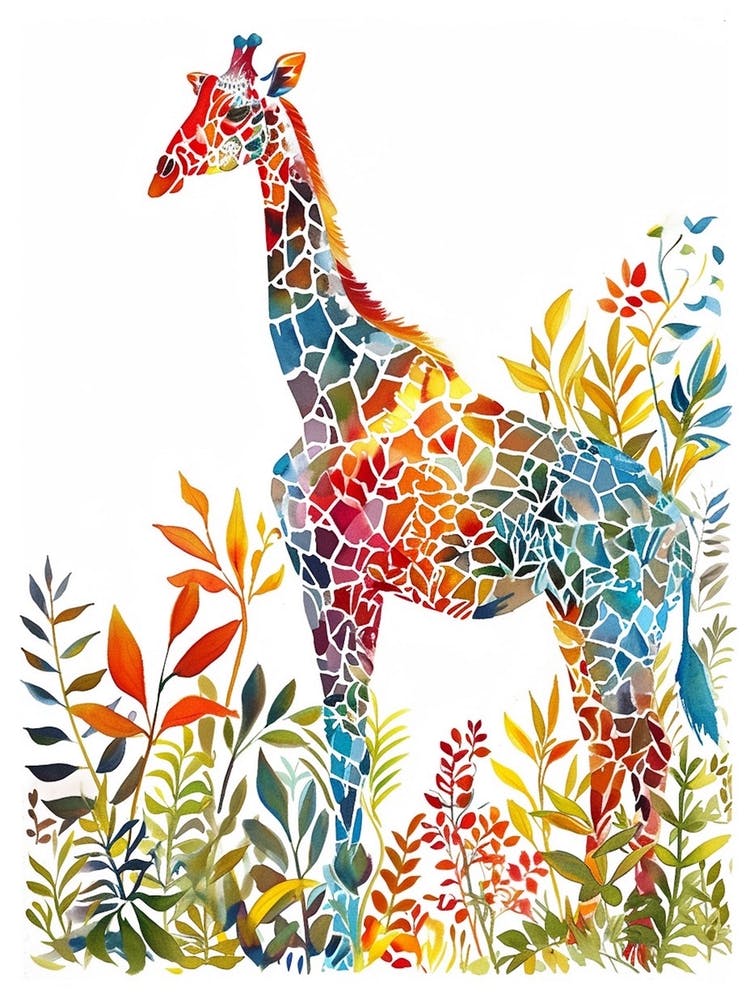 Watercolour Geometric Giraffe In Leaves