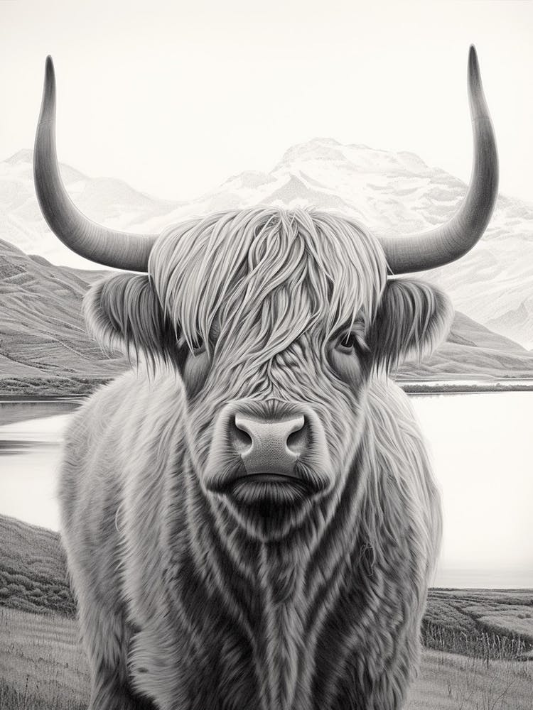 Black & White Illustration Of Highland Cow With Lake In The Background