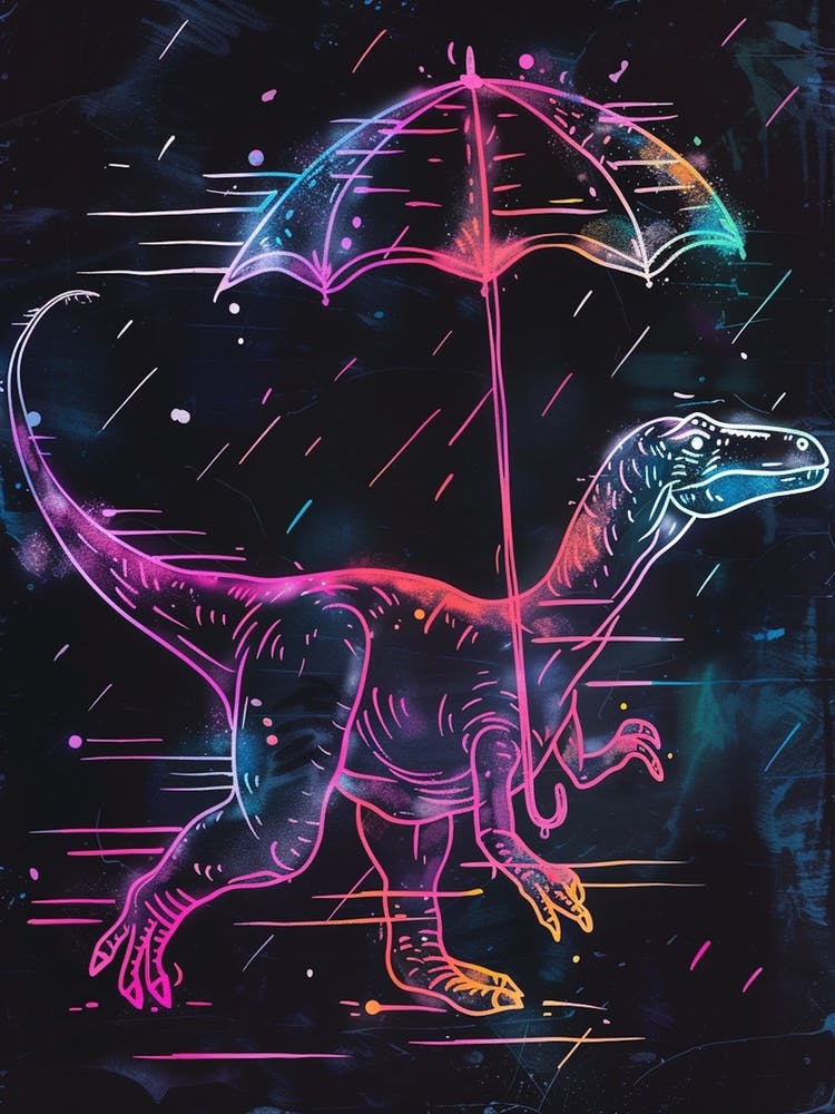 Neon Dinosaur With Umbrella In The Rain 2