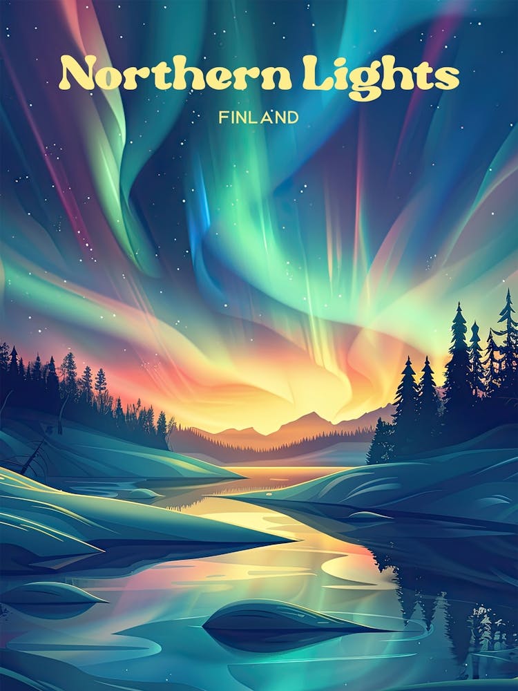 Northern Lights Finland Aurora Borealis Reisekunst-Illustration