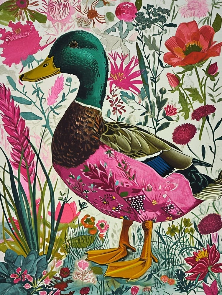 Floral Animal Painting Mallard Duck 1