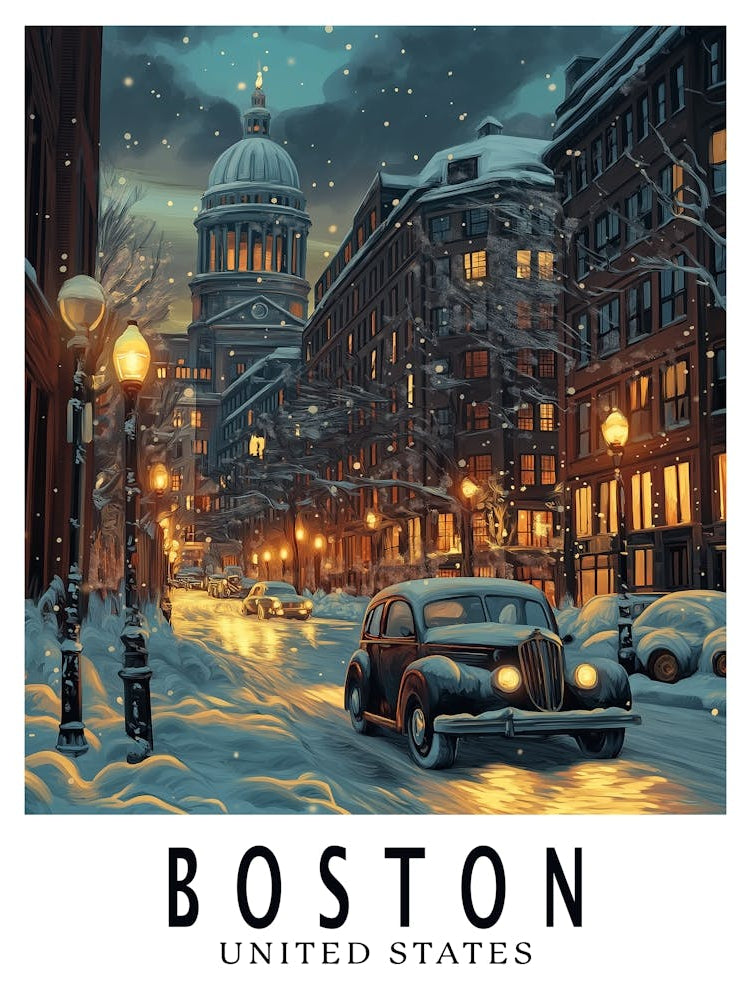 Boston in Winter Night Travel Poster
