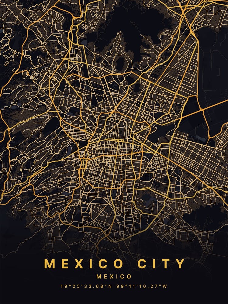 Mexico City Mexico Black And Gold Map