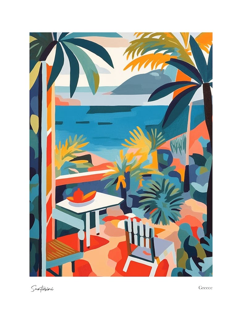 Santorini Greece Matisse Style 4 Watercolour Travel Poster