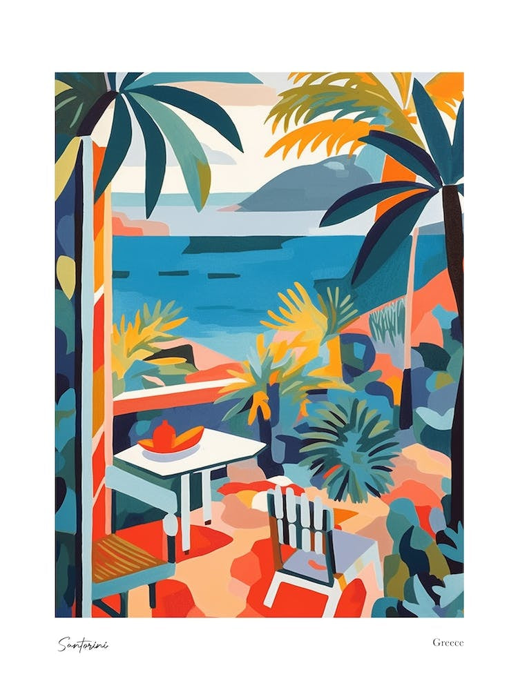 Santorini Greece Matisse Style 4 Watercolour Travel Poster