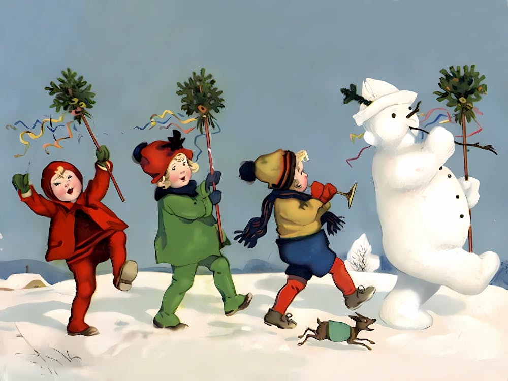 Funny Parade With Kids And Leading Snowman