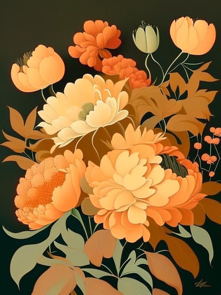 Cut Flowers Of Peonies Orange 3 Vintage Sketch