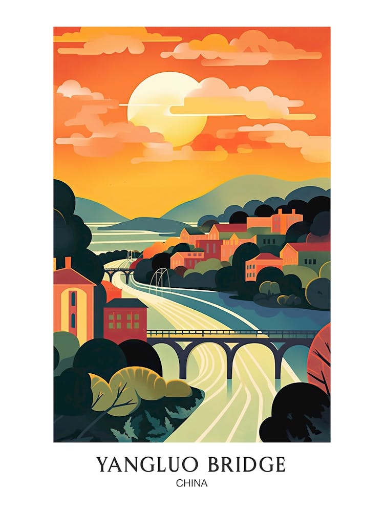 Yangluo Yangtze River Bridge, China Colourful 1 Travel Poster