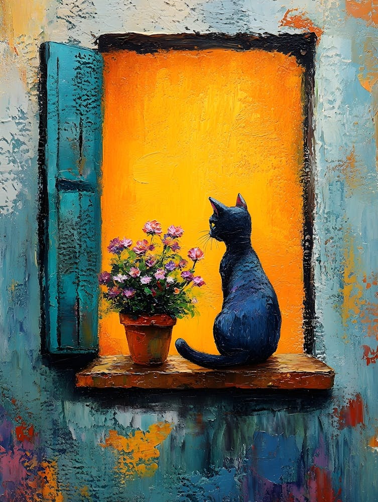 Cat In Window With Flowers 1
