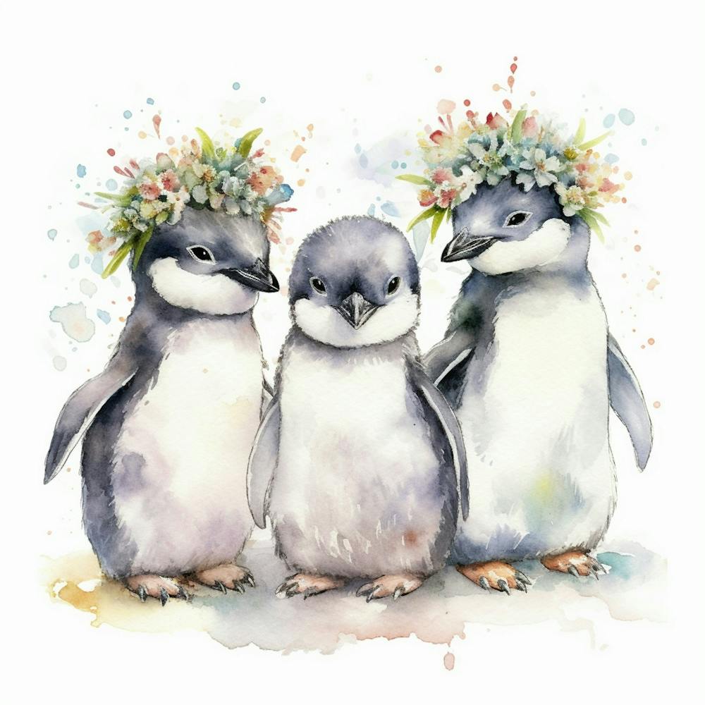 drei Aquarell Baby Pinguine, mit Blumenkranz, minimalistisch
