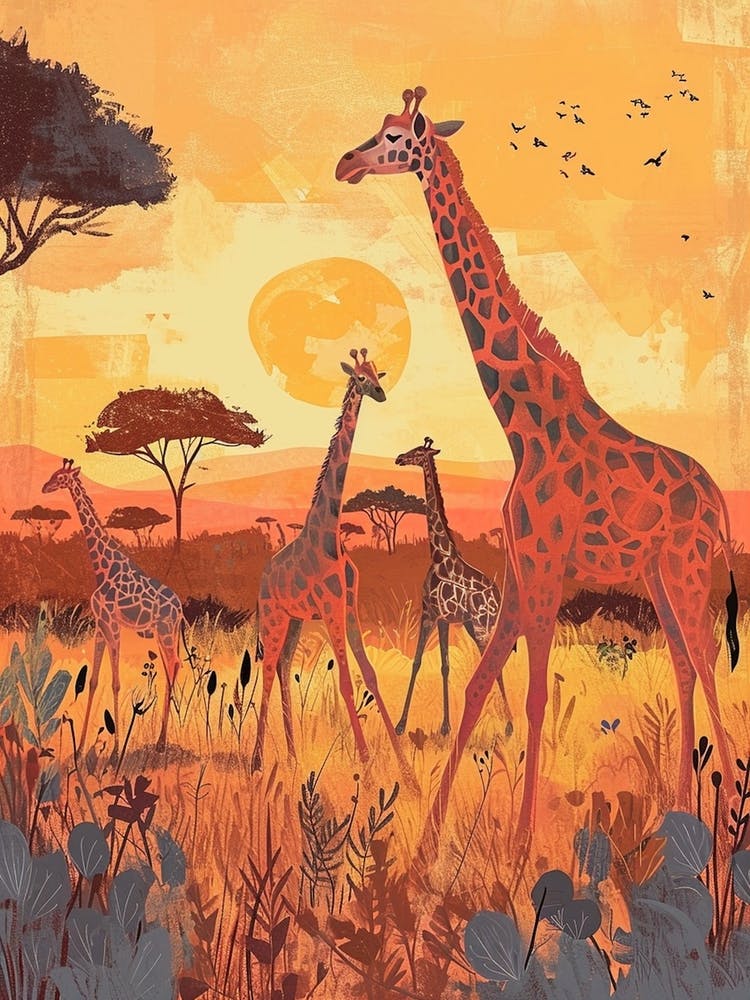 Group Of Giraffes In The Sunset 3