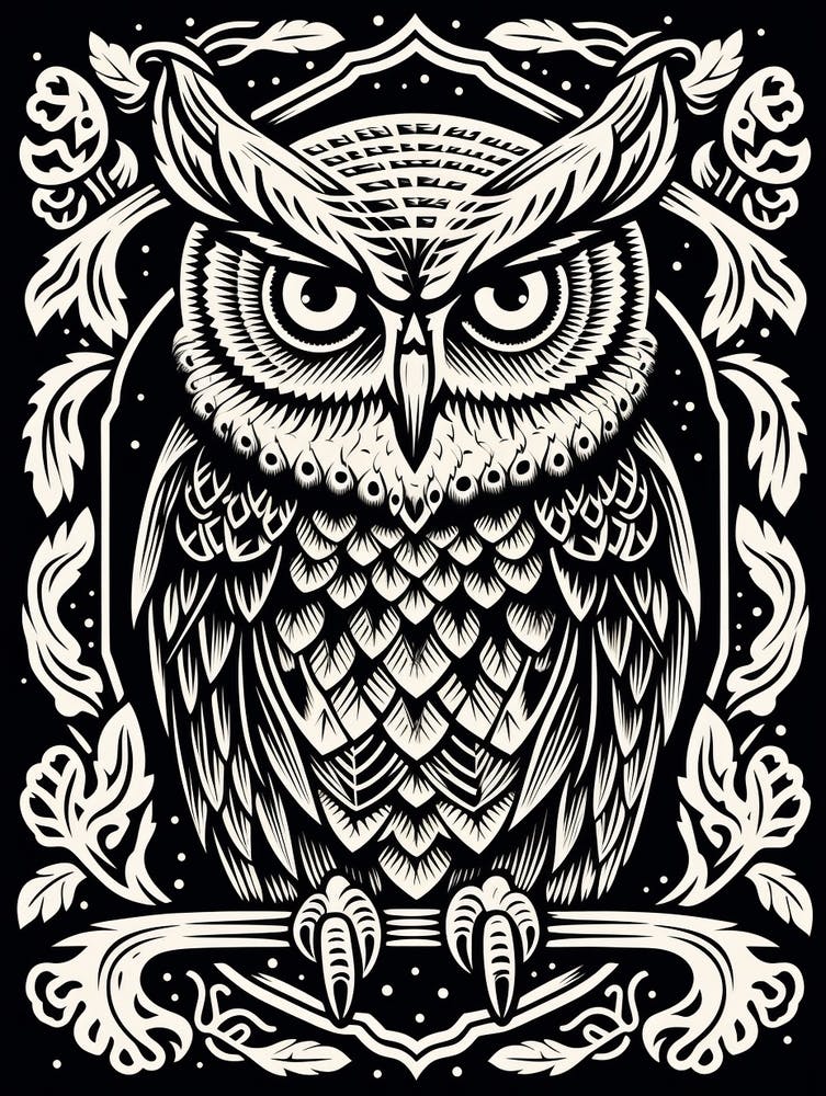 B&W Bird Linocut Great Horned Owl 4