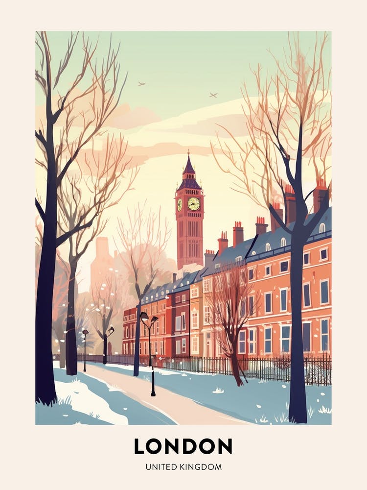 Vintage Winter Travel Poster London United Kingdom 4