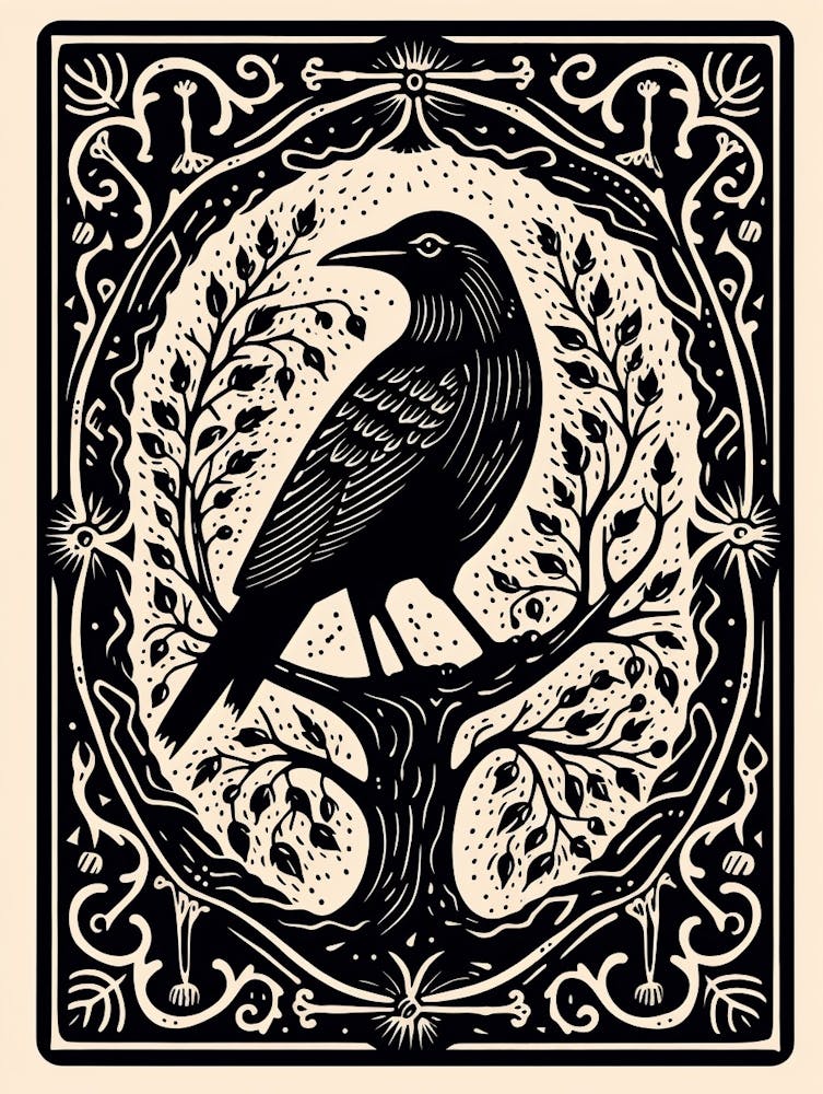 B&W Bird Linocut Raven 2