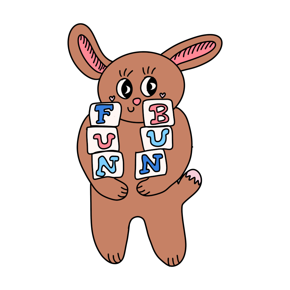 Adorable hand drawn bunny rabbit whimsical smile character playing  with building blocks