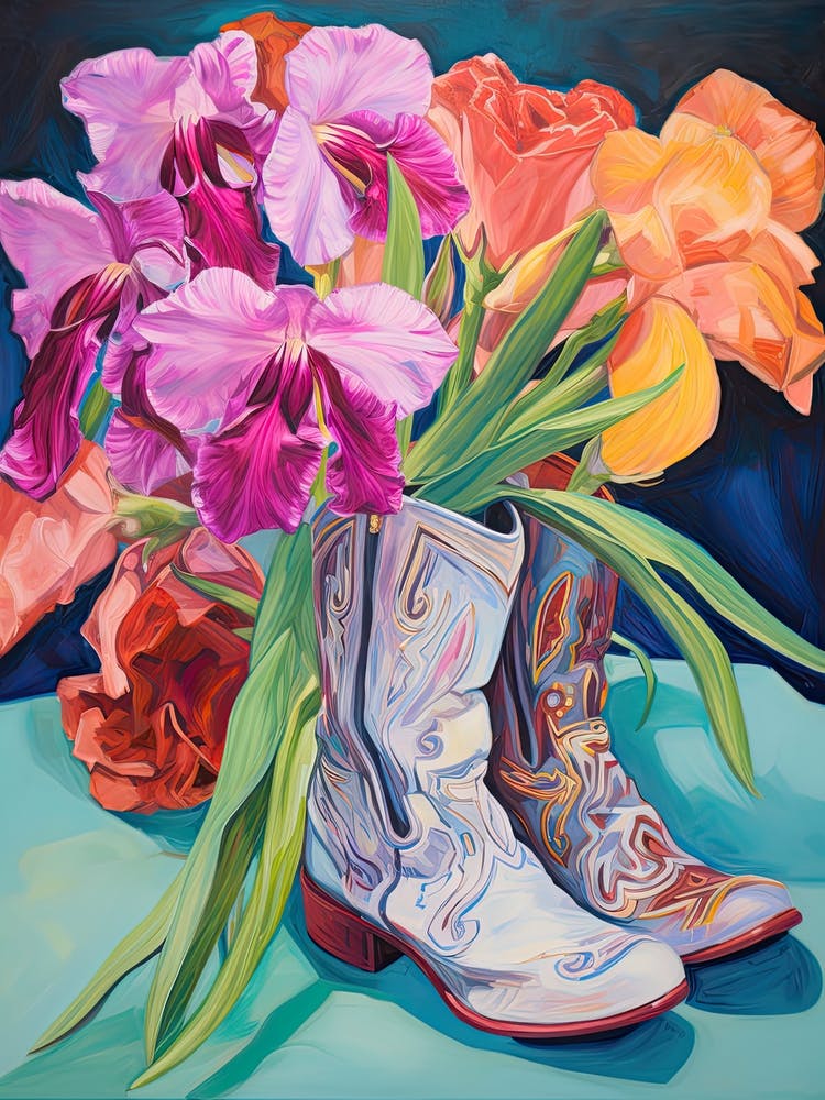 Oil Painting Of Pink And Red Flowers And Cowboy Boots, Oil Style 8