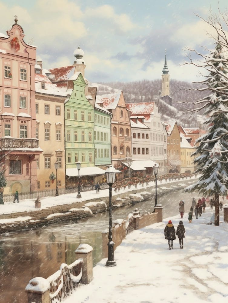 Vintage Winter Illustration Cesky Krumloy Czech Republic 6