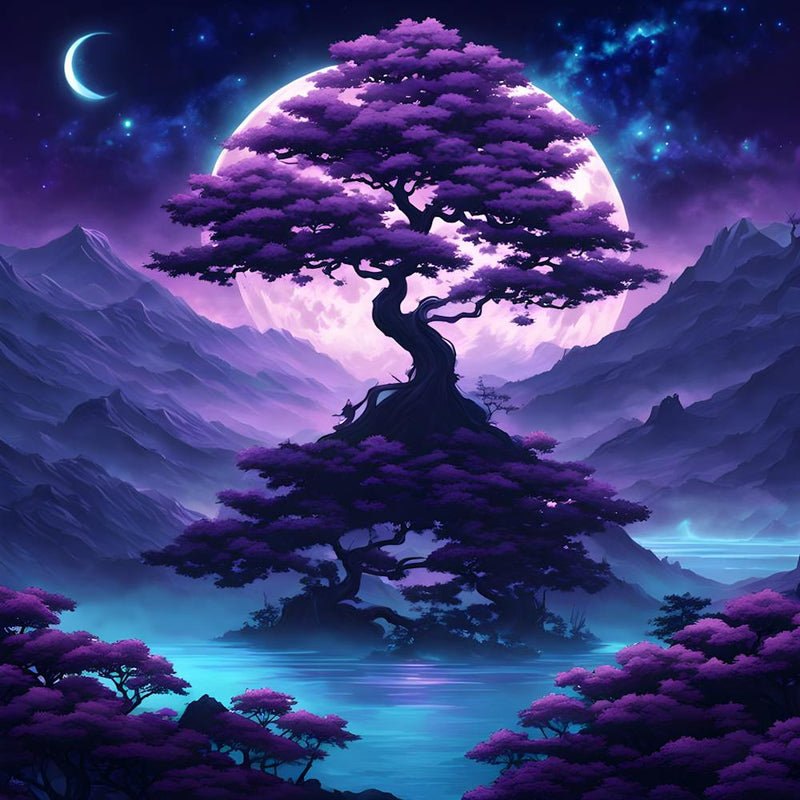 Moonlit Landscape: Tranquil Tree and Mountain Scene