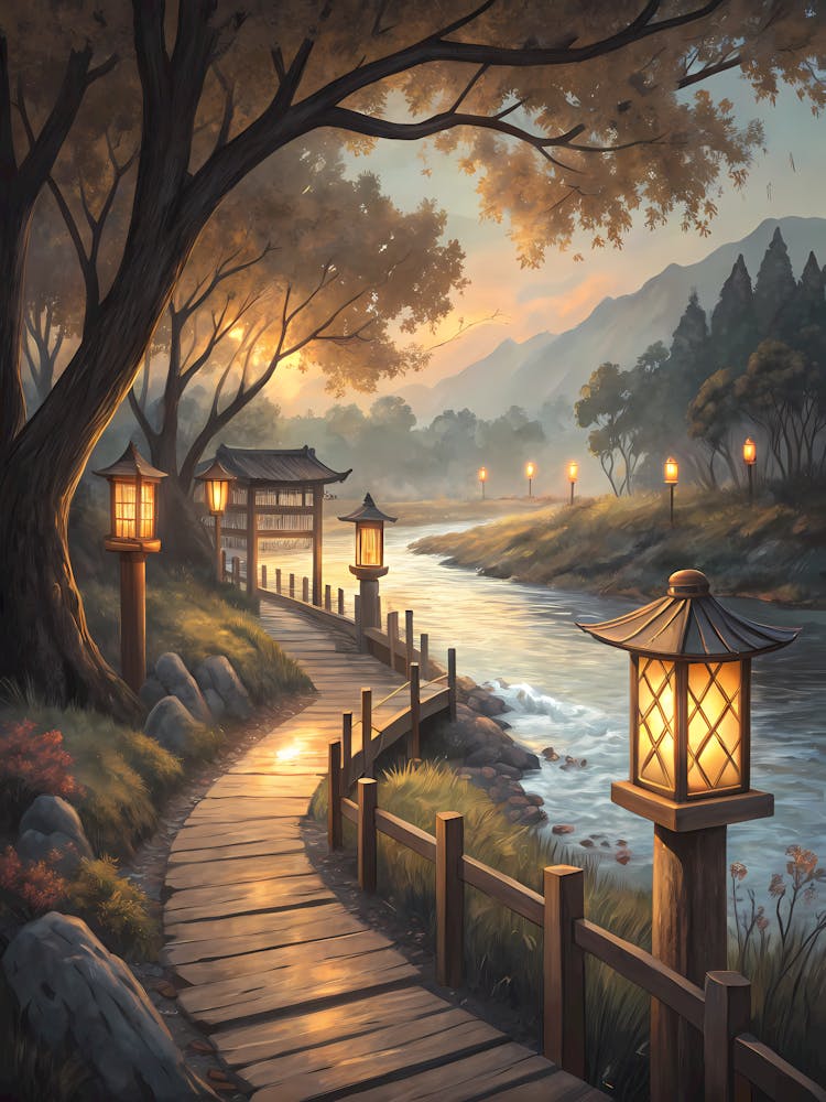Oil Painting Style Lantern Serene Japanese Riverwalk Lantern-Lit Path & Mountains