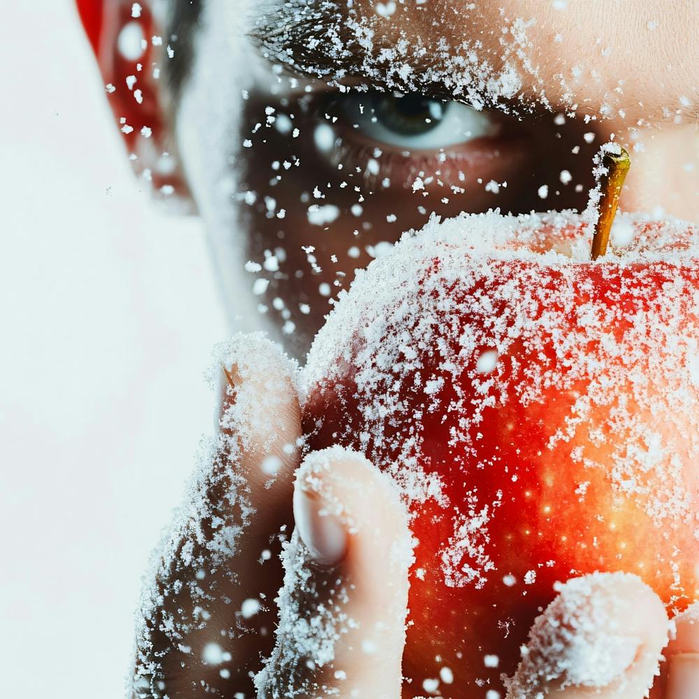 Man Eating An Apple Covered In Snow