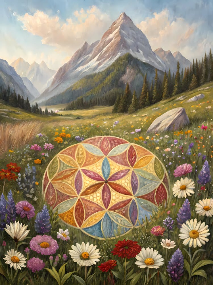 Geometric Mosaic of Wildflower Field Oil Painting Style