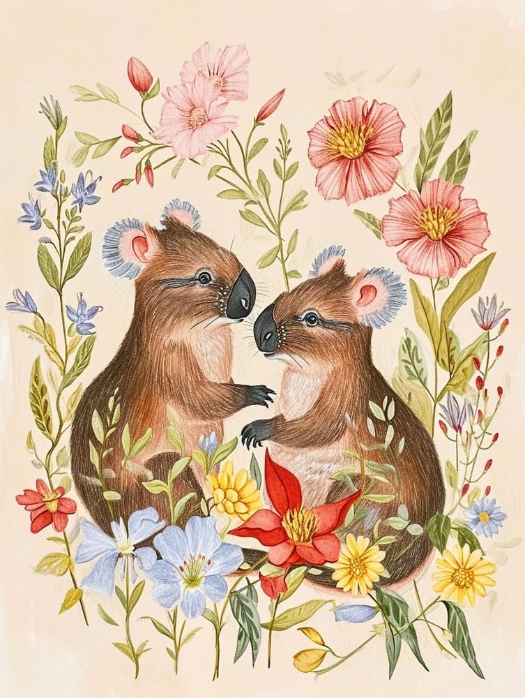 Folksy Floral Animal Drawing Koala 2