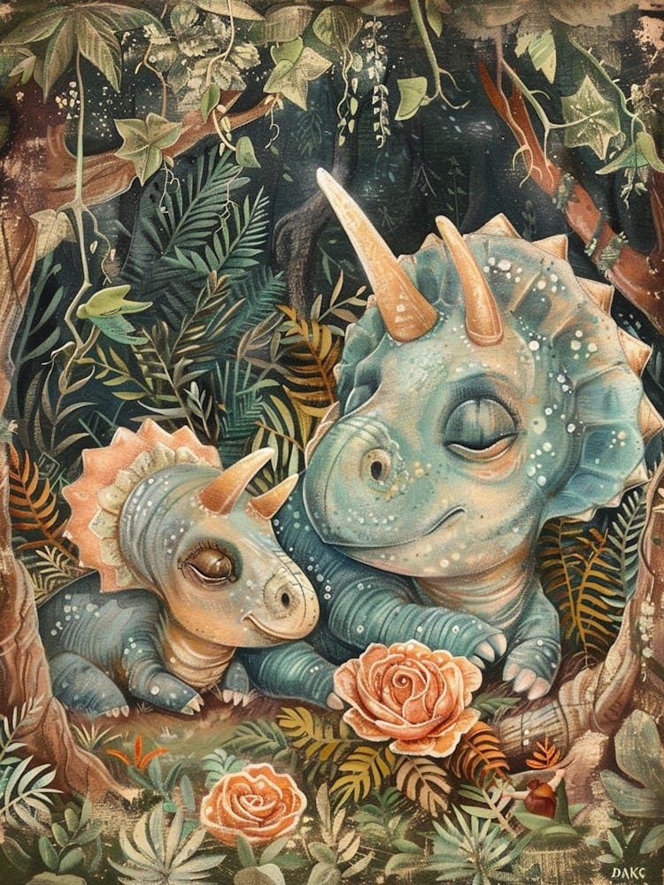 Triceratops And Baby Triceratops Sleeping Under The Tree Storybook Style