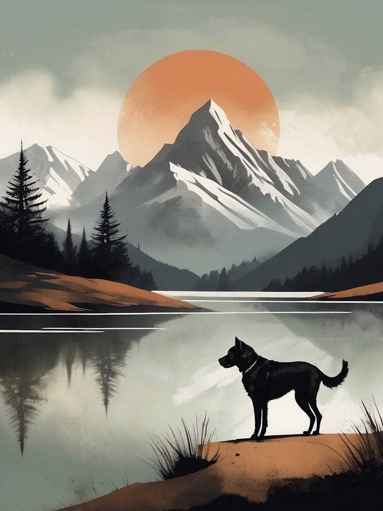 Dog By The Lake in Mountains