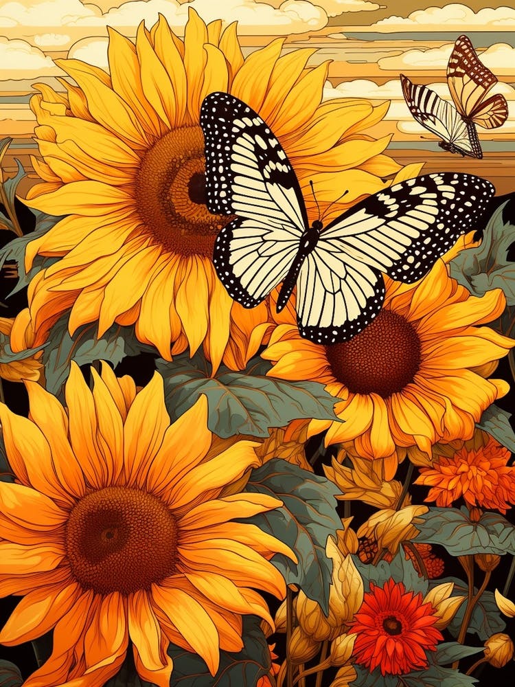 Butterflies With Sunflowers 1
