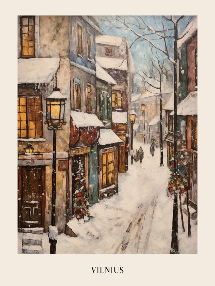 Vintage Winter Painting Poster Vilnius Lithuania 2