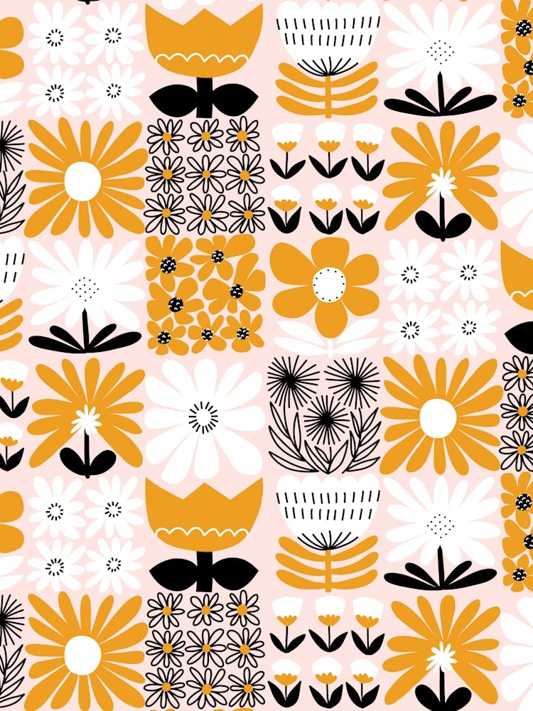 Modern Floral Folk Art Bold Flower Squares Yellow and Pastel Pink