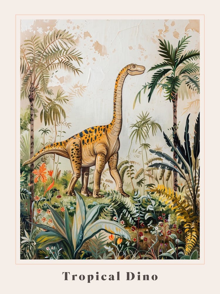 Dinosaur With Tropical Leaves Painting 1 Poster