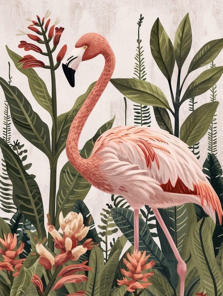 Andean Flamingo And Heliconia Minimalist Illustration 4