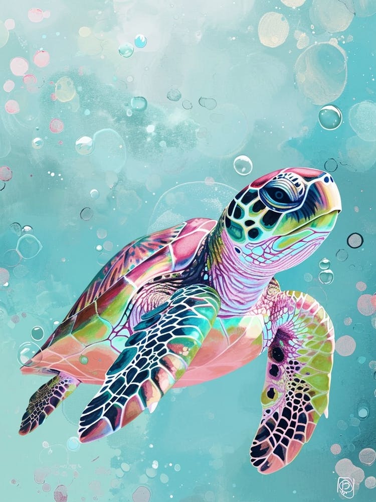 Pastel Sea Turtle In The Ocean With Bubbles 1