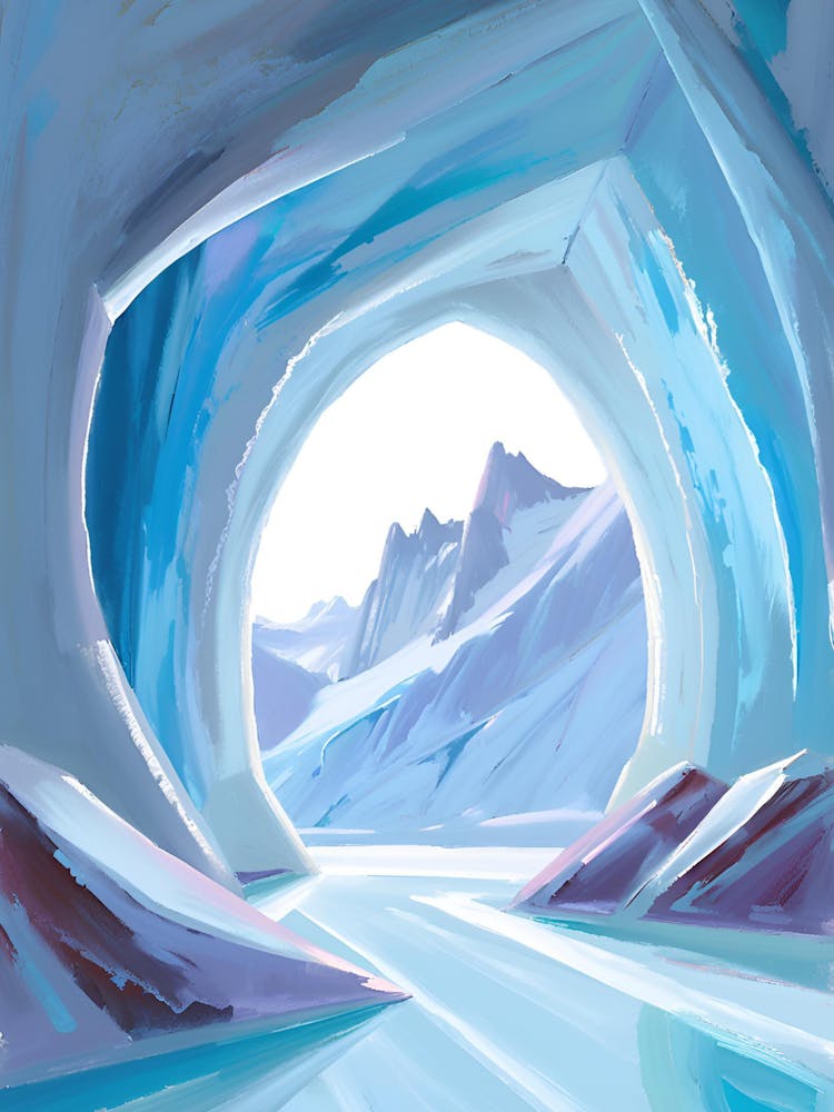 Inside a glacier’s ice cave at midday, bathed in an ethereal blue glow. Translucent walls of sapphire ice arch overhead, catching and bending the light that filters in from a distant opening. The floor is glassy and strewn with frosty crystals, and drople