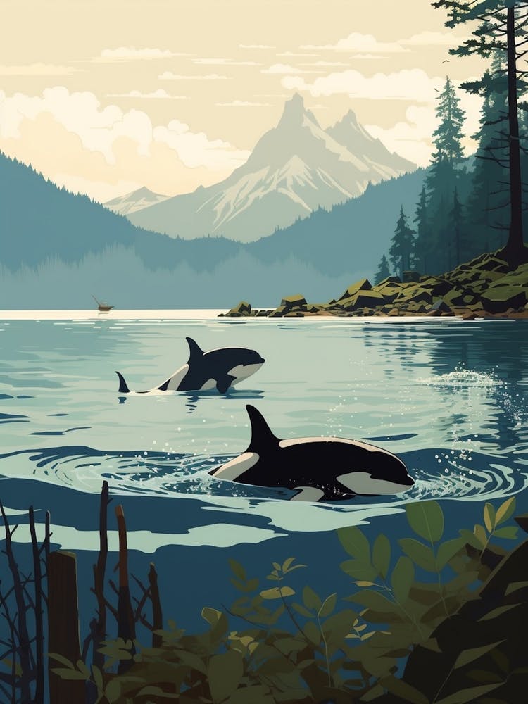 Two Orca Whales Swimming With Mountain In Distance Teal