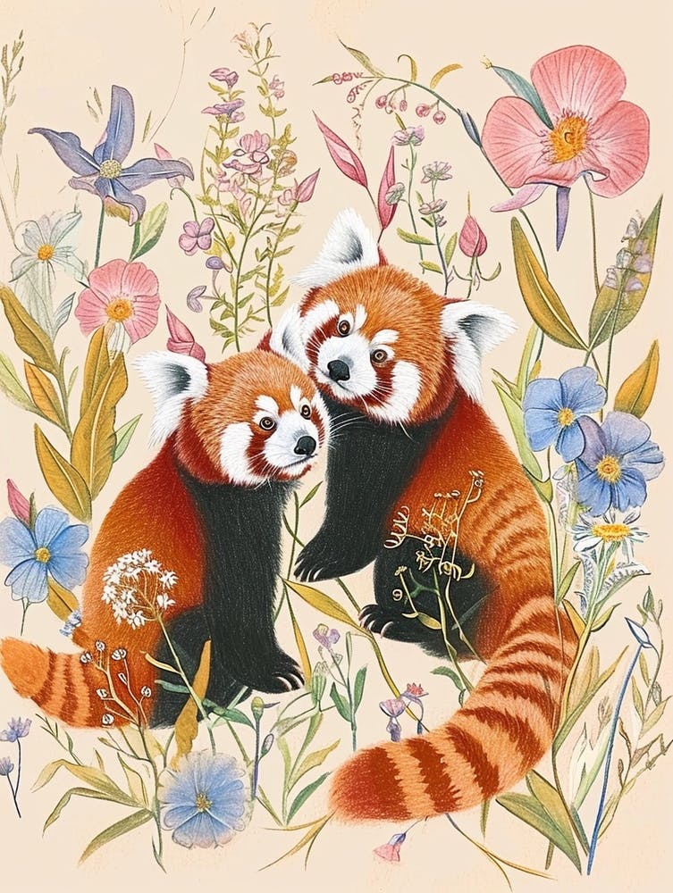 Folksy Floral Animal Drawing Red Panda 4