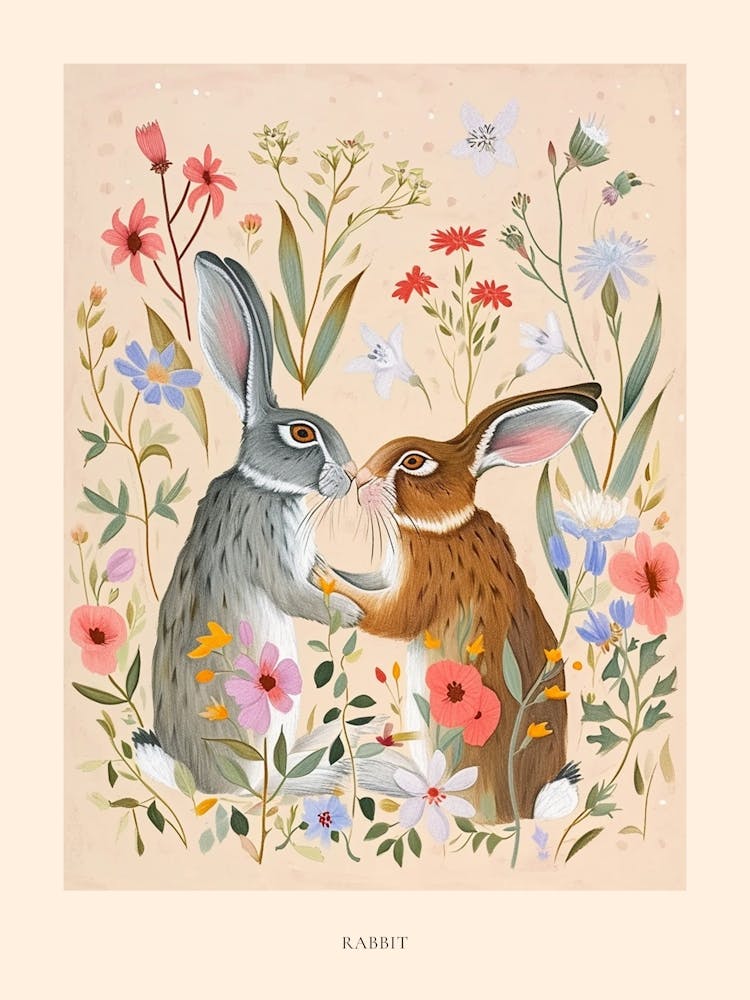 Folksy Floral Animal Drawing Rabbit 2 Poster