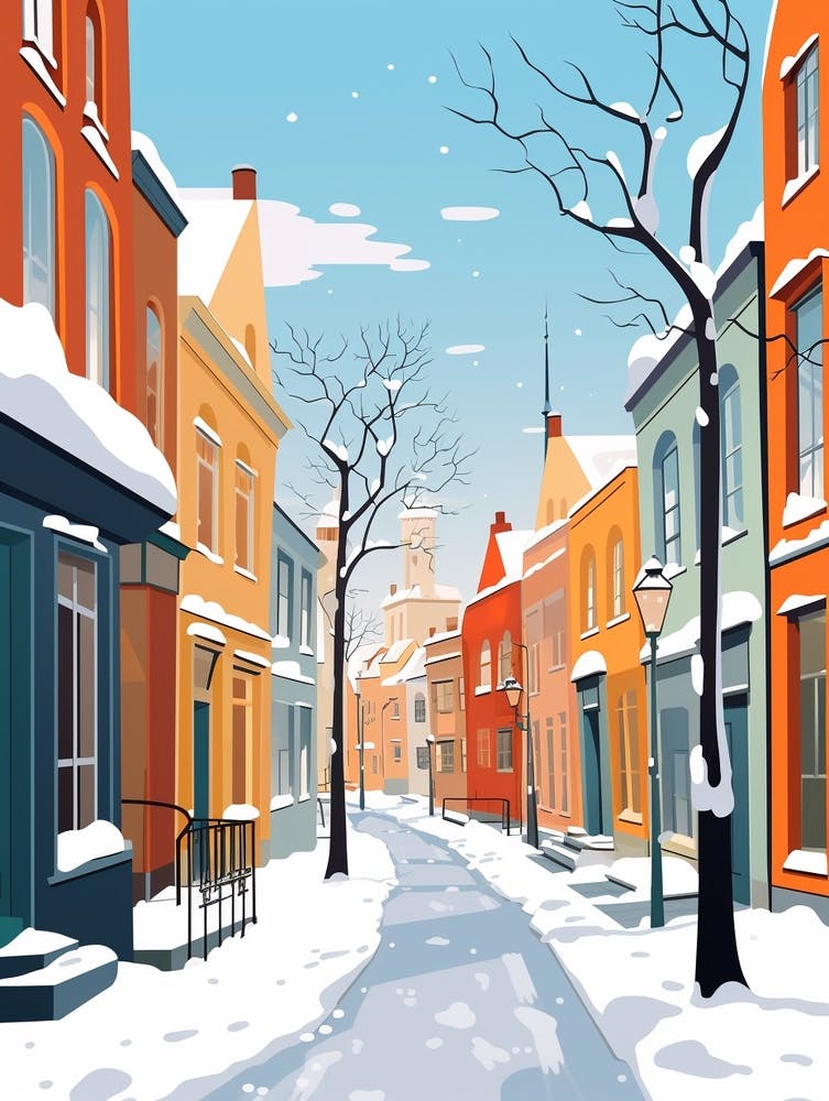 Retro Winter Illustration Bruges Belgium 1