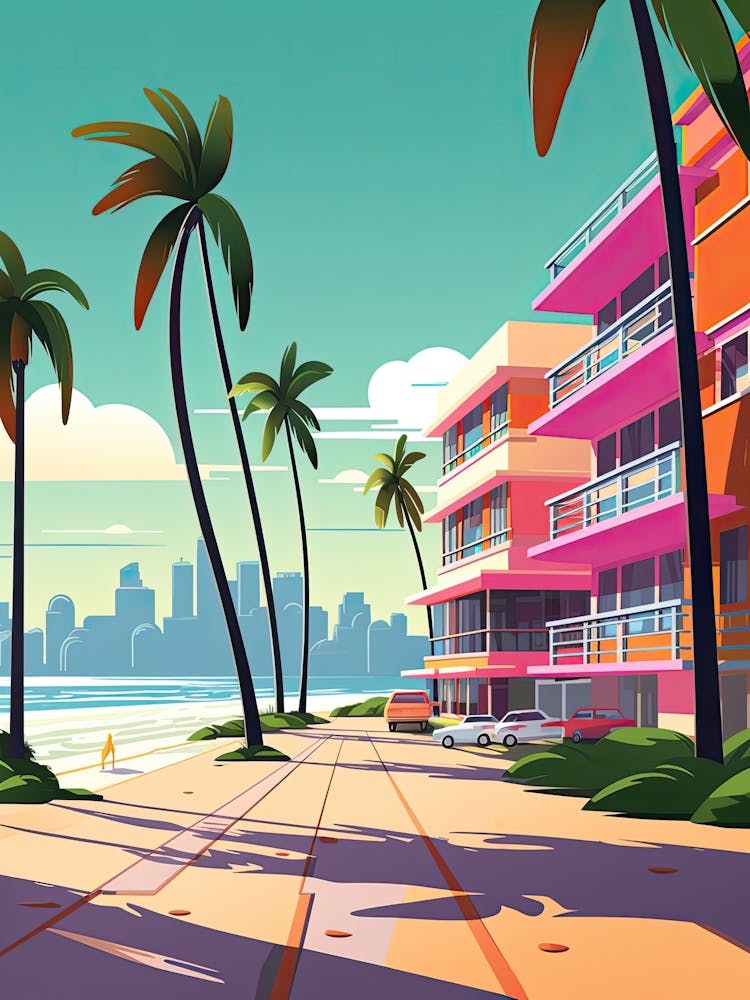 Miami Beach Florida, Usa, Flat Illustration 1