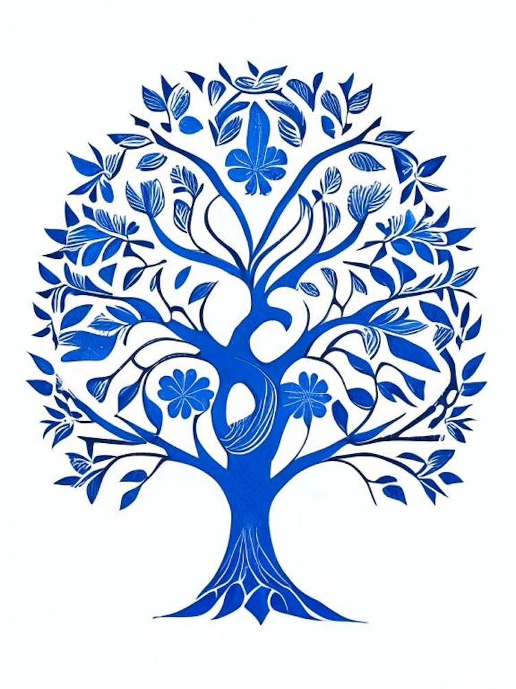 Family Tree Symbol 1, Blue And White Line Drawing