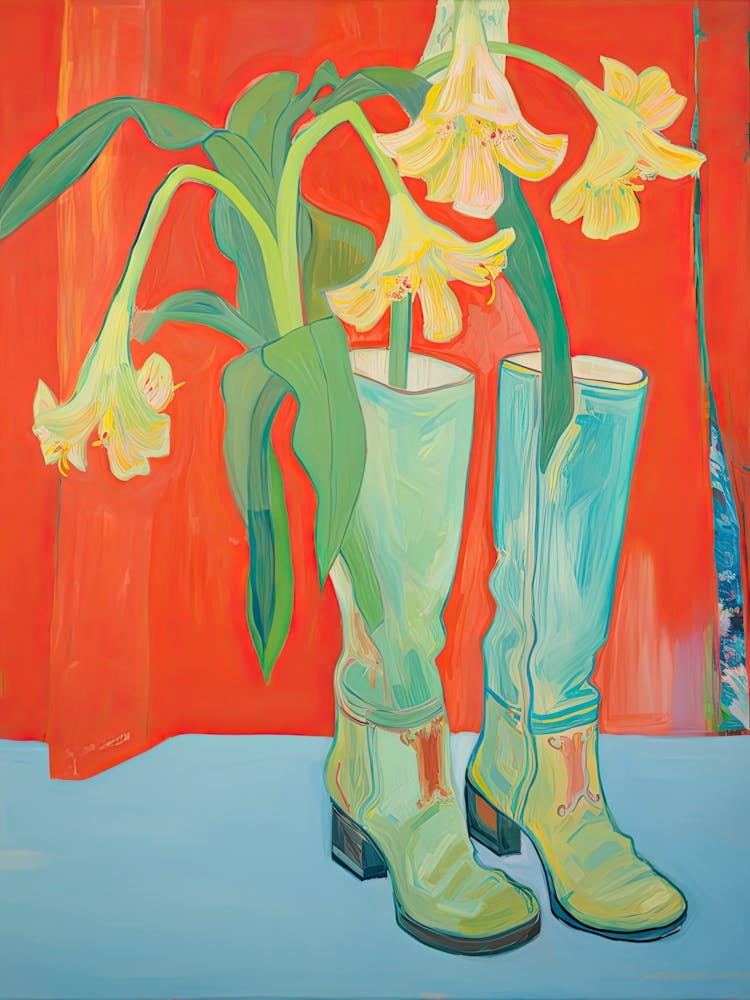 A Painting Of Cowboy Boots With Daffodils Flowers, Fauvist Style, Still Life 4