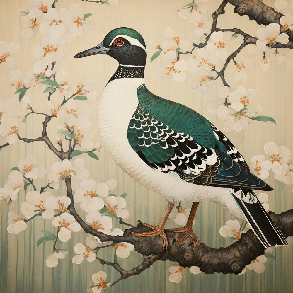 Ohara Koson Inspired Bird Painting Wood Duck 2 Square