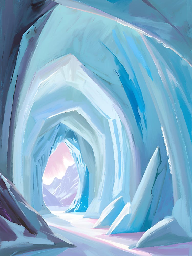 Inside a glacier’s ice cave at midday, bathed in an ethereal blue glow. Translucent walls of sapphire ice arch overhead, catching and bending the light that filters in from a distant opening. The floor is glassy and strewn with frosty crystals, and drople