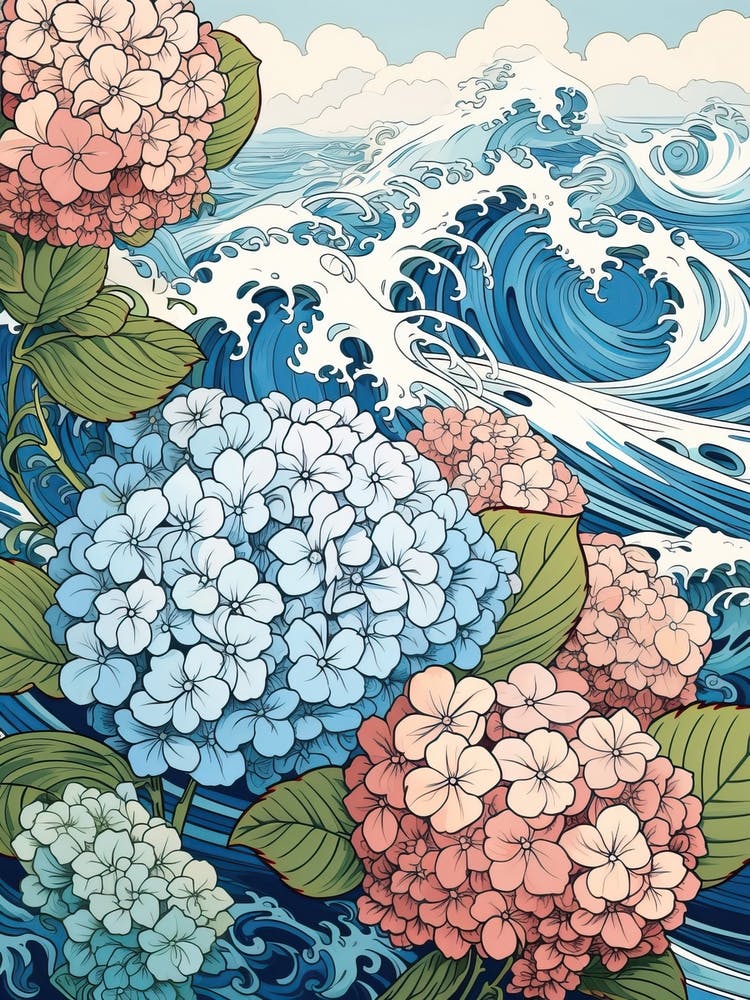 Great Wave With Hydrangea Flower Drawing In The Style Of Ukiyo E 4